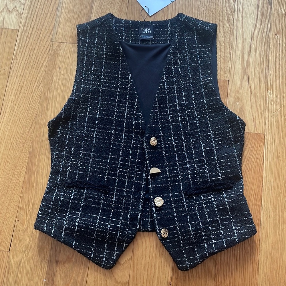 NWT Zara Tailored Waistcoat Jacquard Textured Vest Size S Black and White